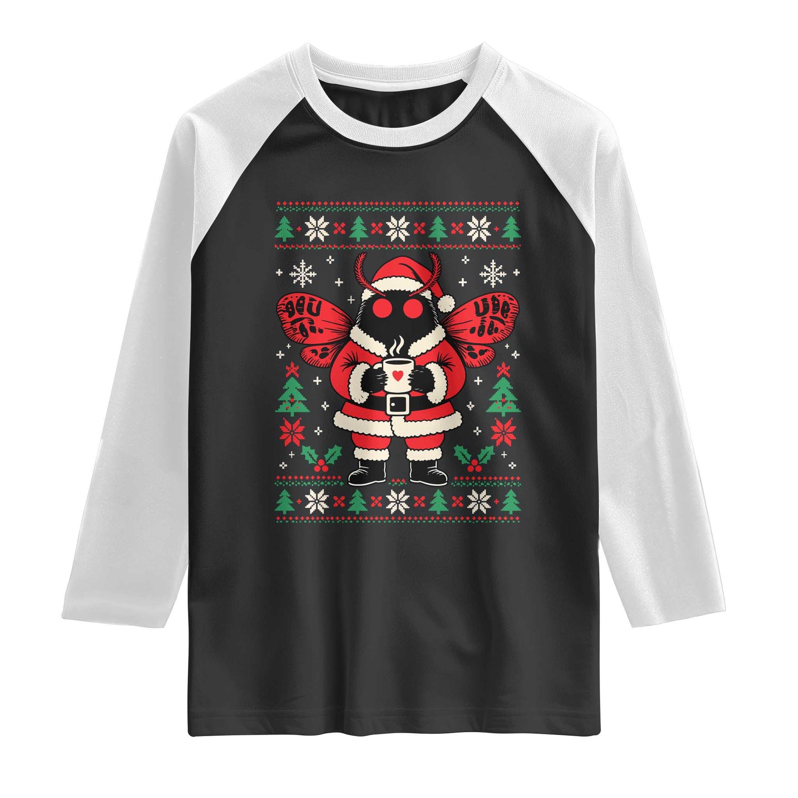 Santa Mothman Ugly Christmas Graphic Raglan Shirt Cute Cryptid Coffee Lover Cozy Holiday