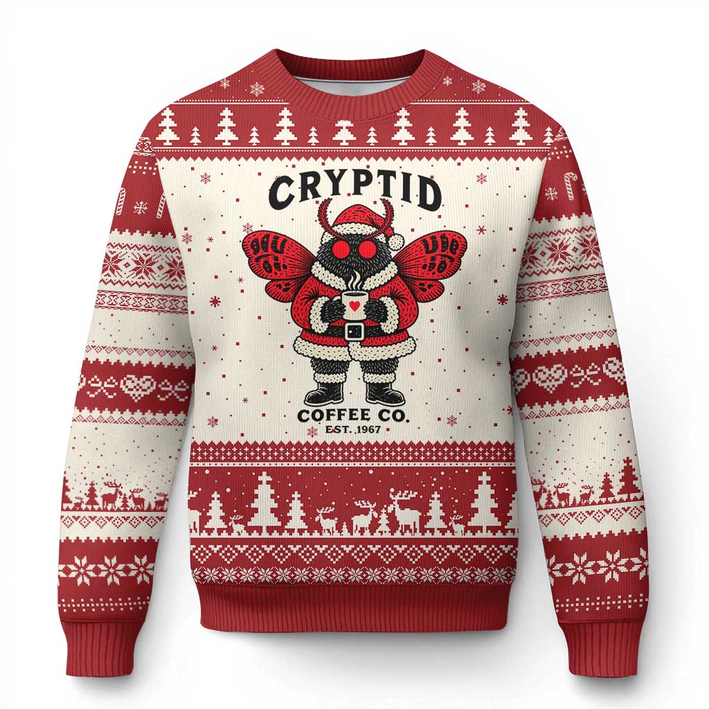 Xmas Cryptid Coffee Co Graphic Ugly Christmas Sweater Cute Santa Mothman Coffee Lover