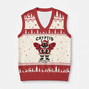 Xmas Cryptid Coffee Co Graphic V-Neck Knit Sweater Vest Cute Santa Mothman Coffee Lover