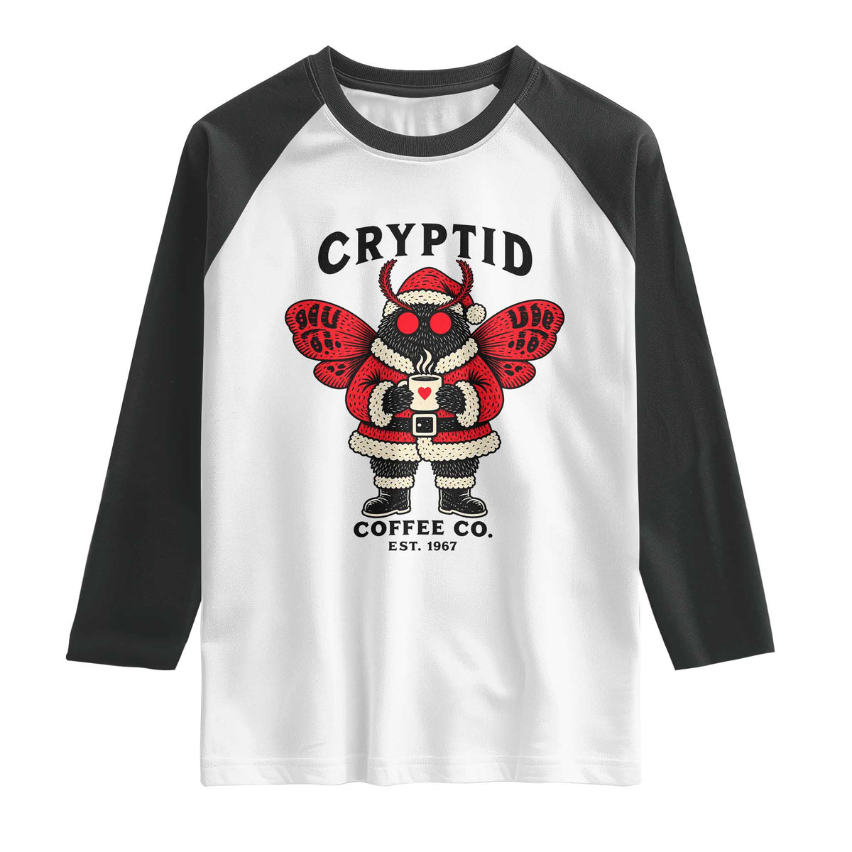 Christmas Cryptid Coffee Co Graphic Raglan Shirt Cute Santa Mothman Coffee Lover