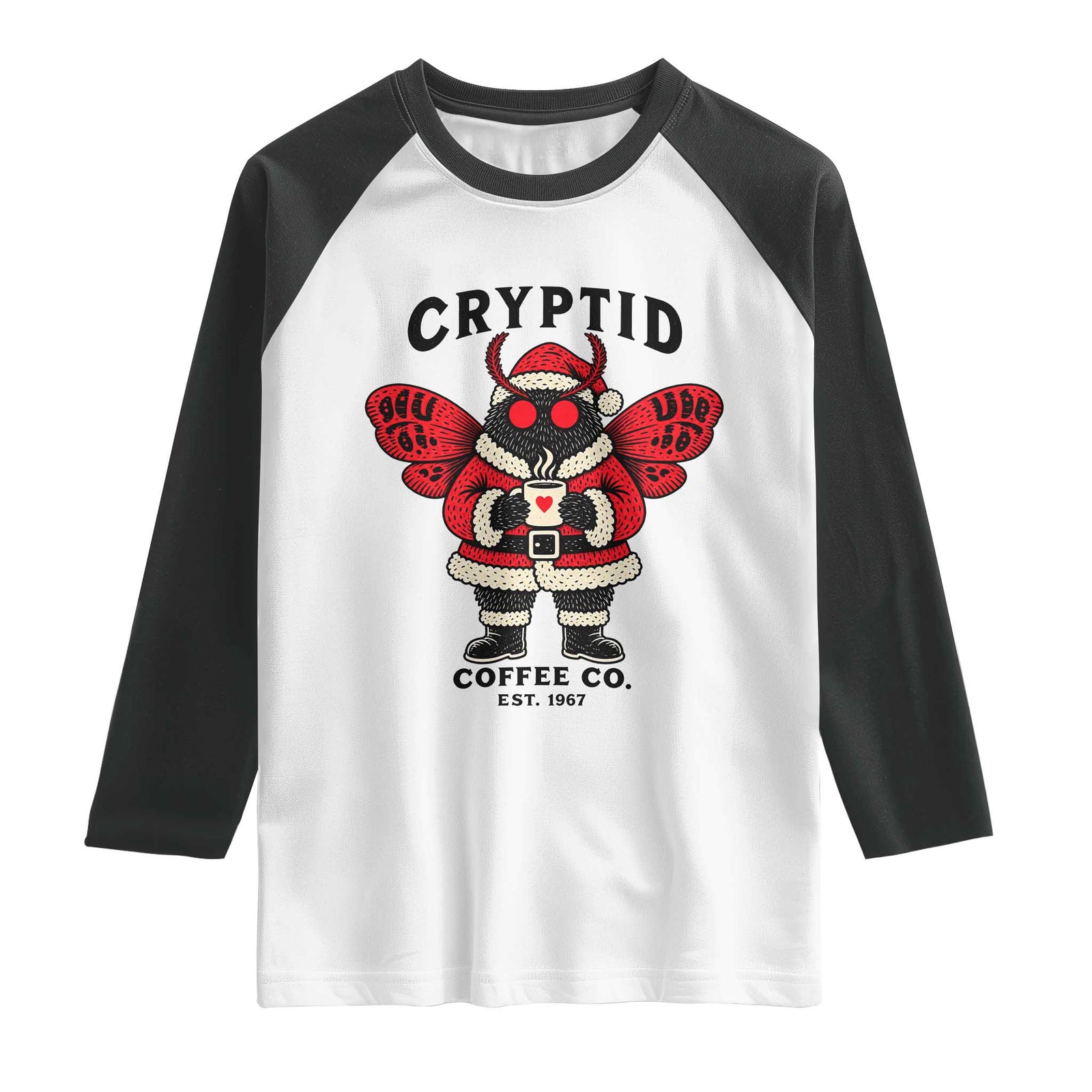 Christmas Cryptid Coffee Co Graphic Raglan Shirt Cute Santa Mothman Coffee Lover
