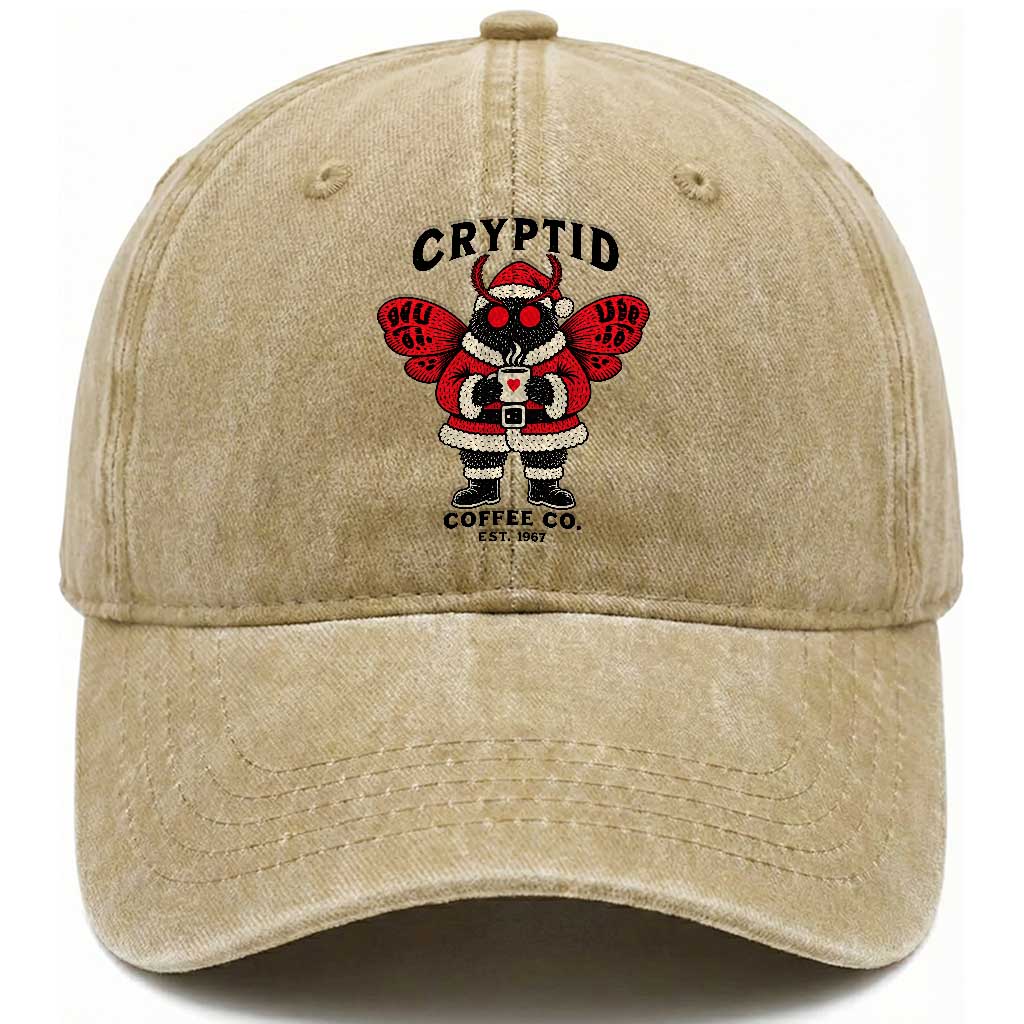 Christmas Cryptid Coffee Co Graphic Washed Cotton Baseball Cap Cute Santa Mothman Coffee Lover
