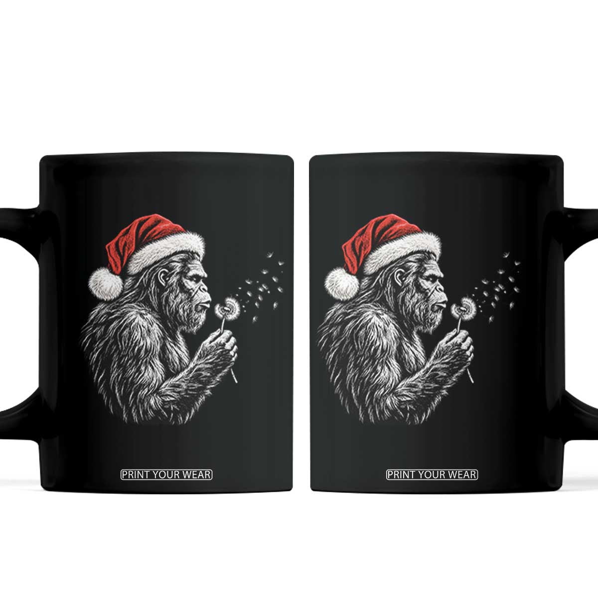 Christmas Bigfoot Blowing Dandelion Coffee Mug Vintage Sasquatch Santa Hat Holiday
