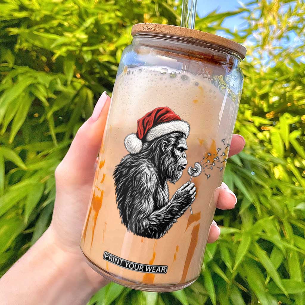 Christmas Bigfoot Blowing Dandelion Glass Can Vintage Sasquatch Santa Hat Holiday