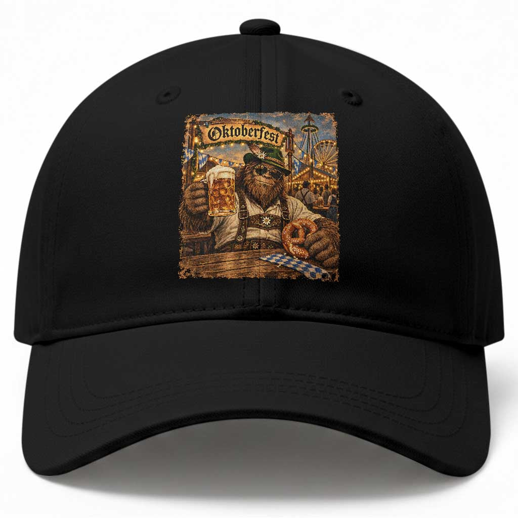 Oktoberfest Bigfoot Lederhosen Funny German Drinking Beer Meme Baseball Cap Vintage Sasquatch Pretzel Graphic