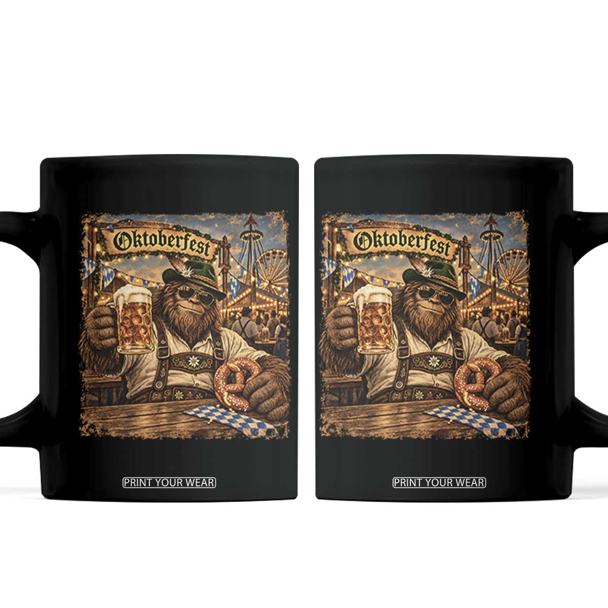 Oktoberfest Bigfoot Lederhosen Funny German Drinking Beer Meme Coffee Mug Vintage Sasquatch Pretzel Graphic