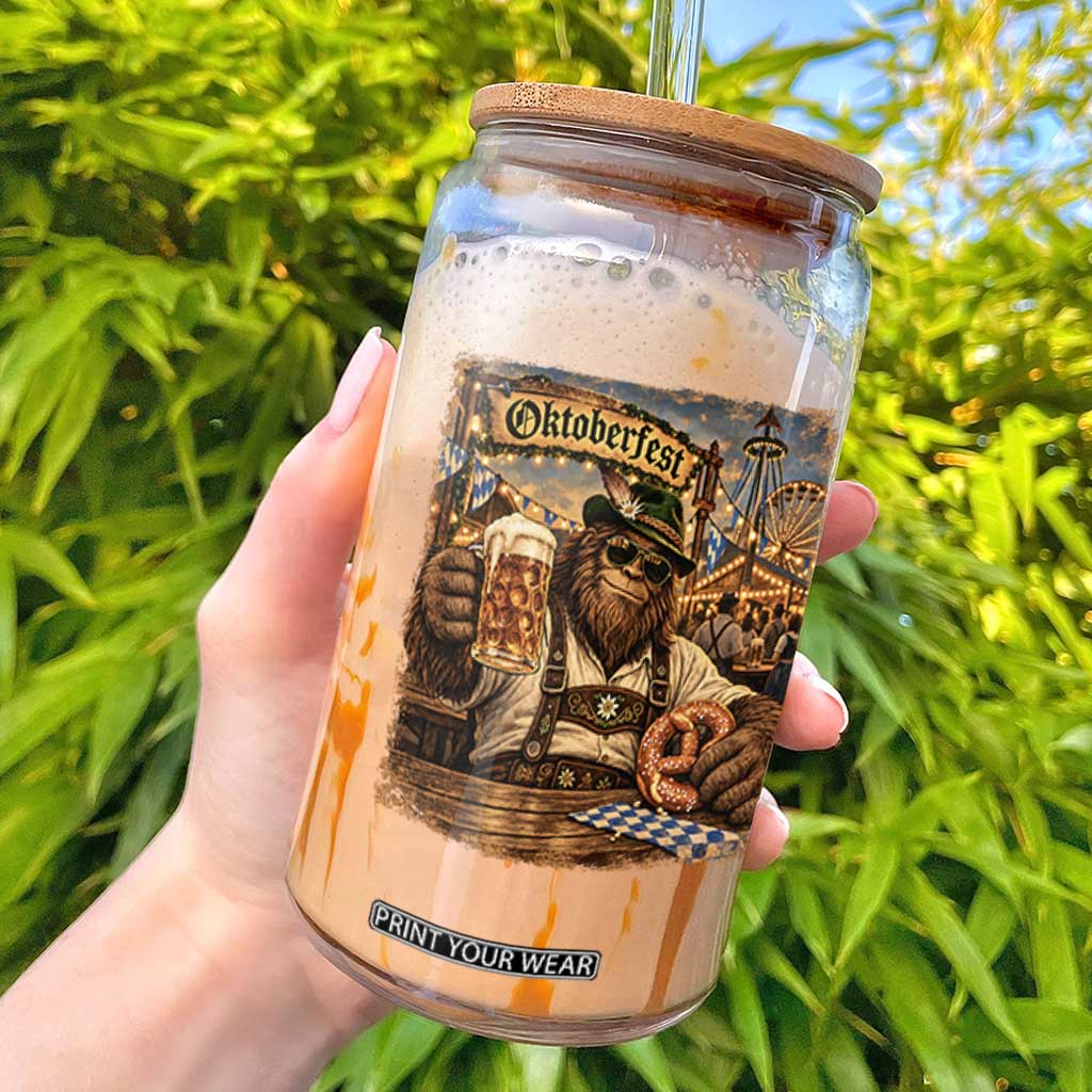 Oktoberfest Bigfoot Lederhosen Funny German Drinking Beer Meme Glass Can Vintage Sasquatch Pretzel Graphic