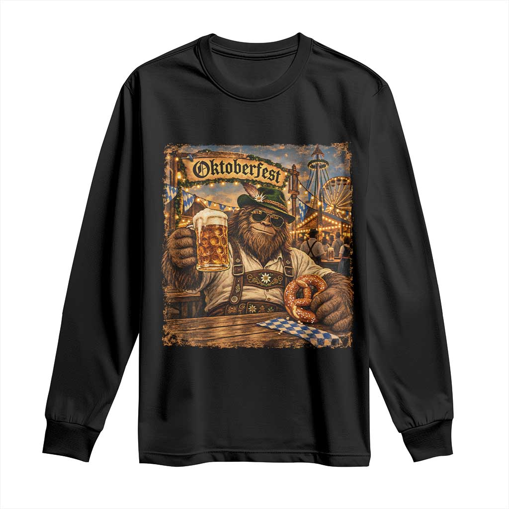Oktoberfest Bigfoot Lederhosen Funny German Drinking Beer Meme Long Sleeve Shirt Vintage Sasquatch Pretzel Graphic