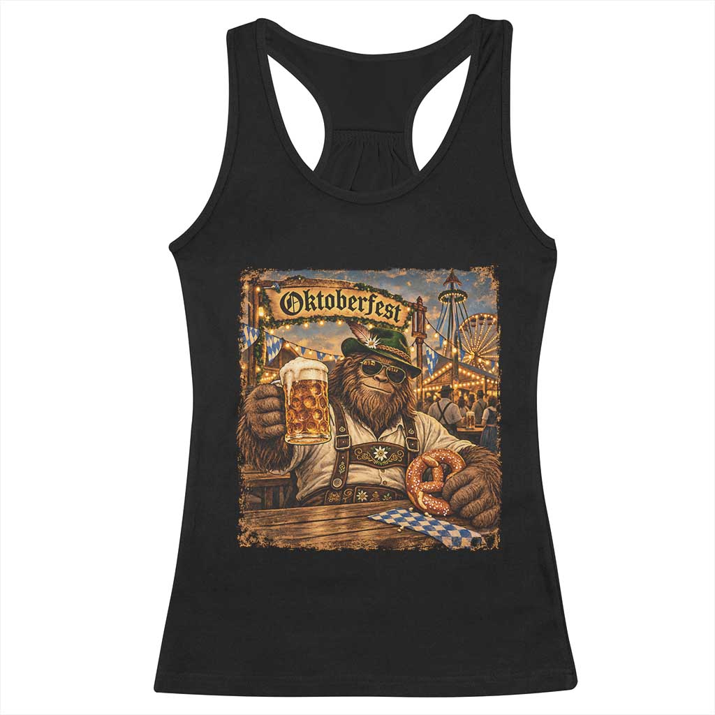 Oktoberfest Bigfoot Lederhosen Funny German Drinking Beer Meme Racerback Tank Top Vintage Sasquatch Pretzel Graphic