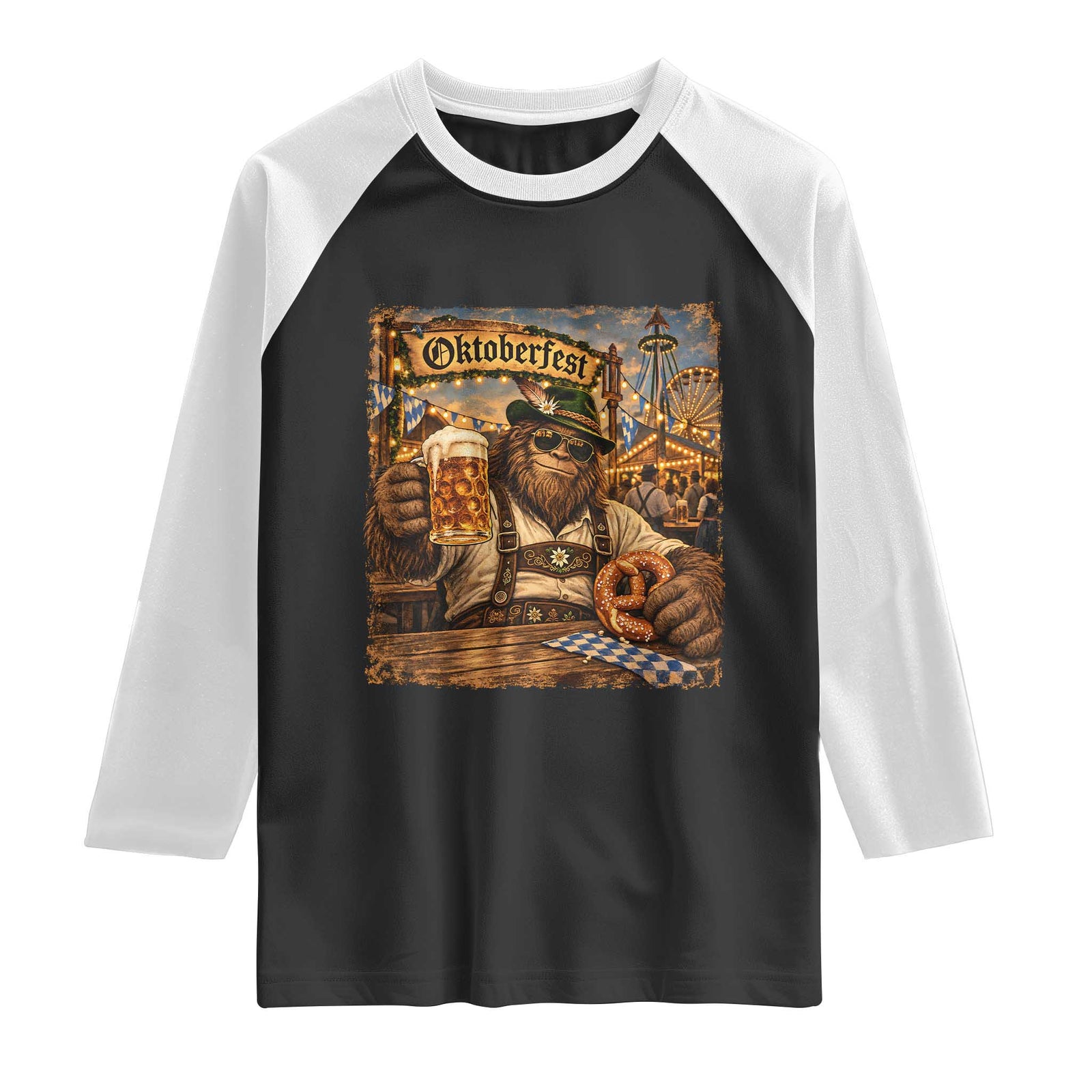 Oktoberfest Bigfoot Lederhosen Funny German Drinking Beer Meme Raglan Shirt Vintage Sasquatch Pretzel Graphic