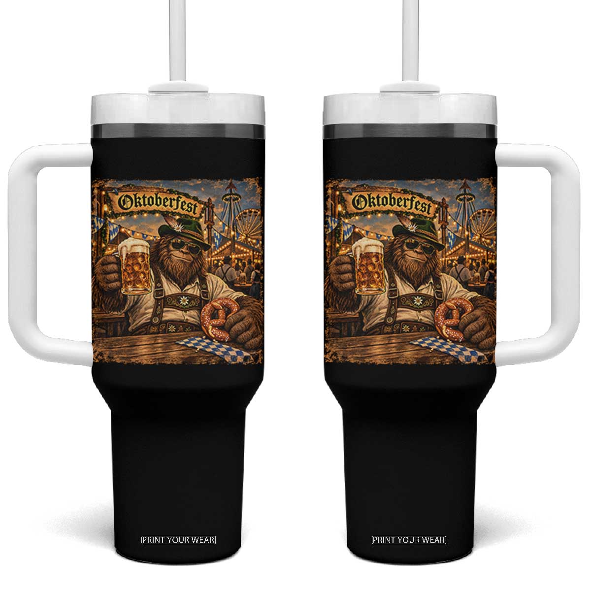 Oktoberfest Bigfoot Lederhosen Funny German Drinking Beer Meme Tumbler With Handle Vintage Sasquatch Pretzel Graphic