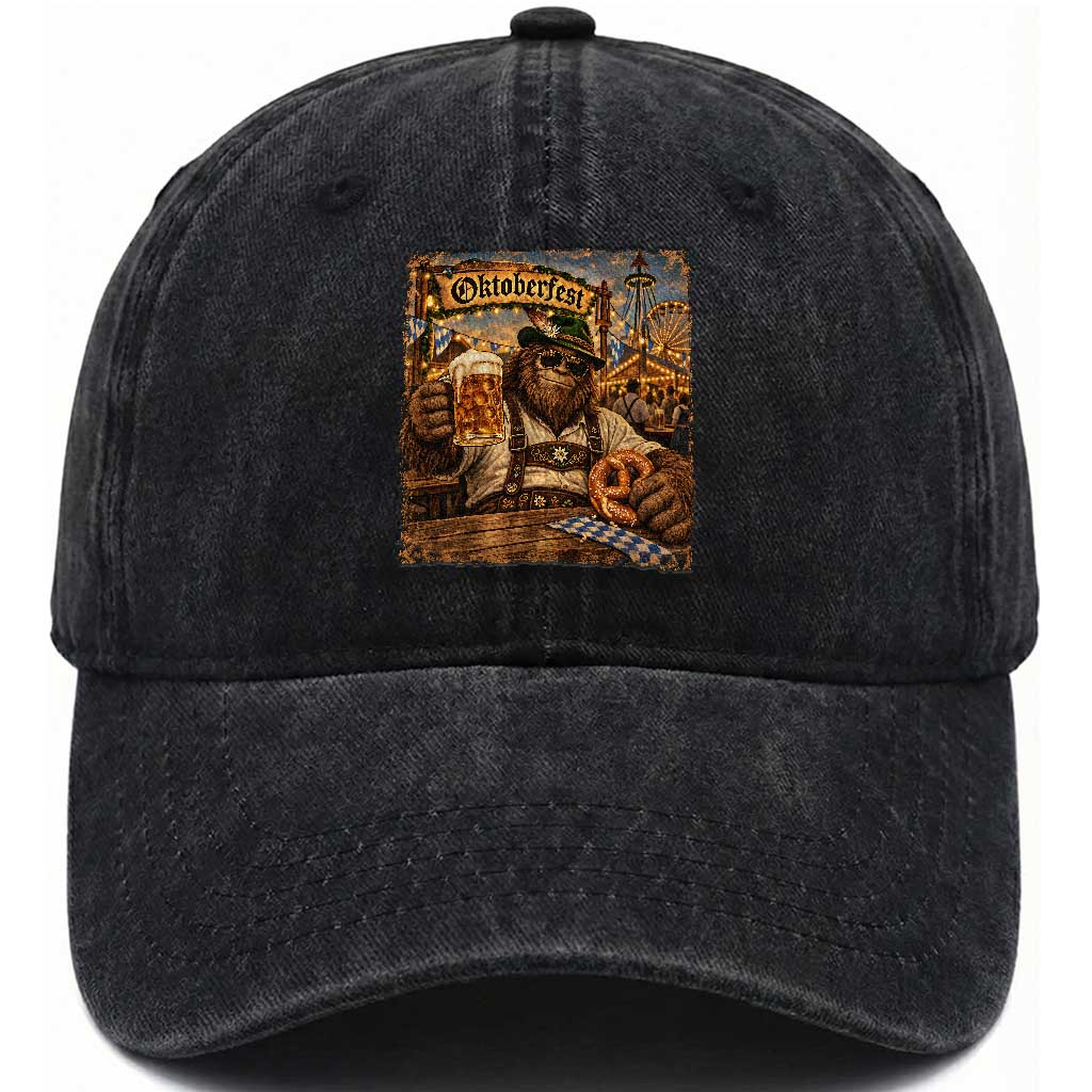 Oktoberfest Bigfoot Lederhosen Funny German Drinking Beer Meme Washed Cotton Baseball Cap Vintage Sasquatch Pretzel Graphic