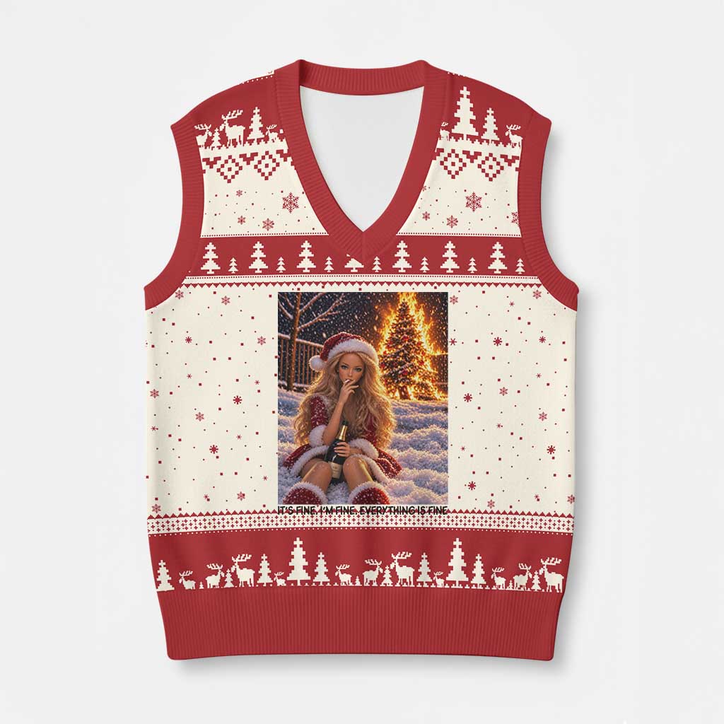 Funny I Am Burning Xmas Tree Doll Meme V-Neck Knit Sweater Vest Its Fine Im Fine Everything Is Fine Funny Sarcastic Holiday