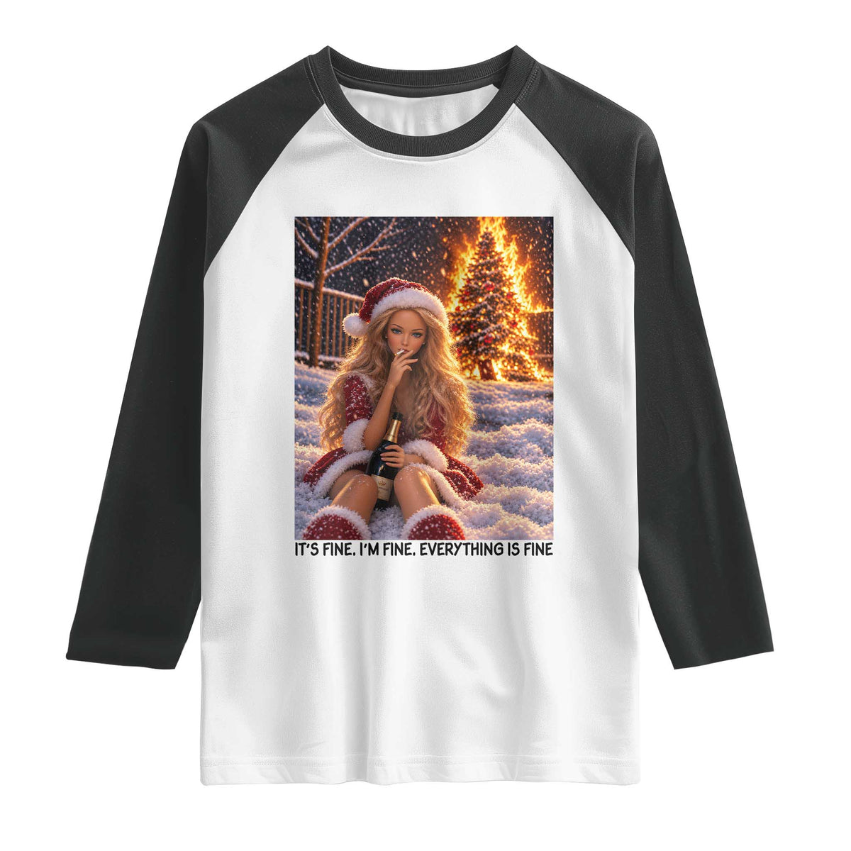 Funny I Am Burning Christmas Tree Doll Meme Raglan Shirt Its Fine Im Fine Everything Is Fine Funny Sarcastic Holiday
