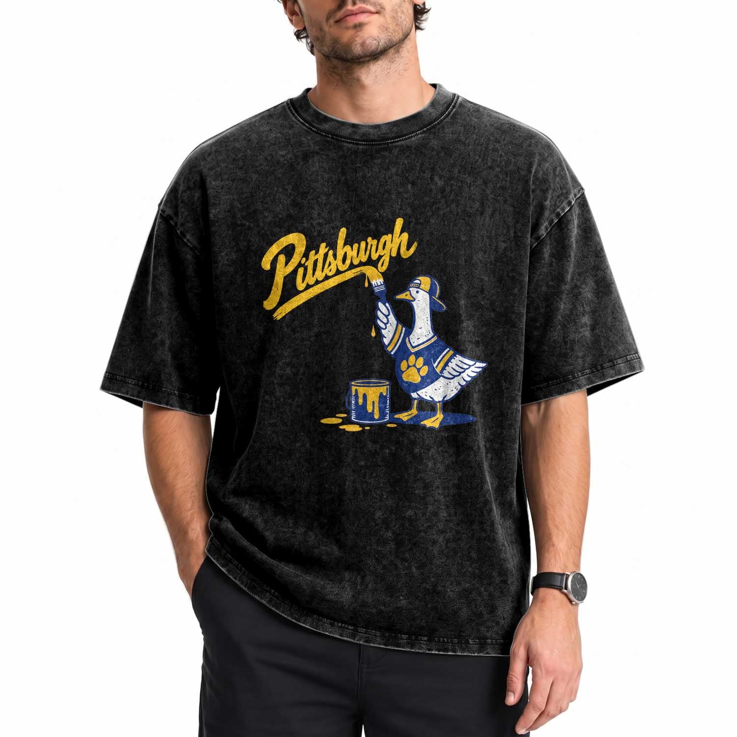 Pittsburgh Goose Washed Cotton T-Shirt Funny Sports Fan Painting Retro Vintage City Pride Graphic