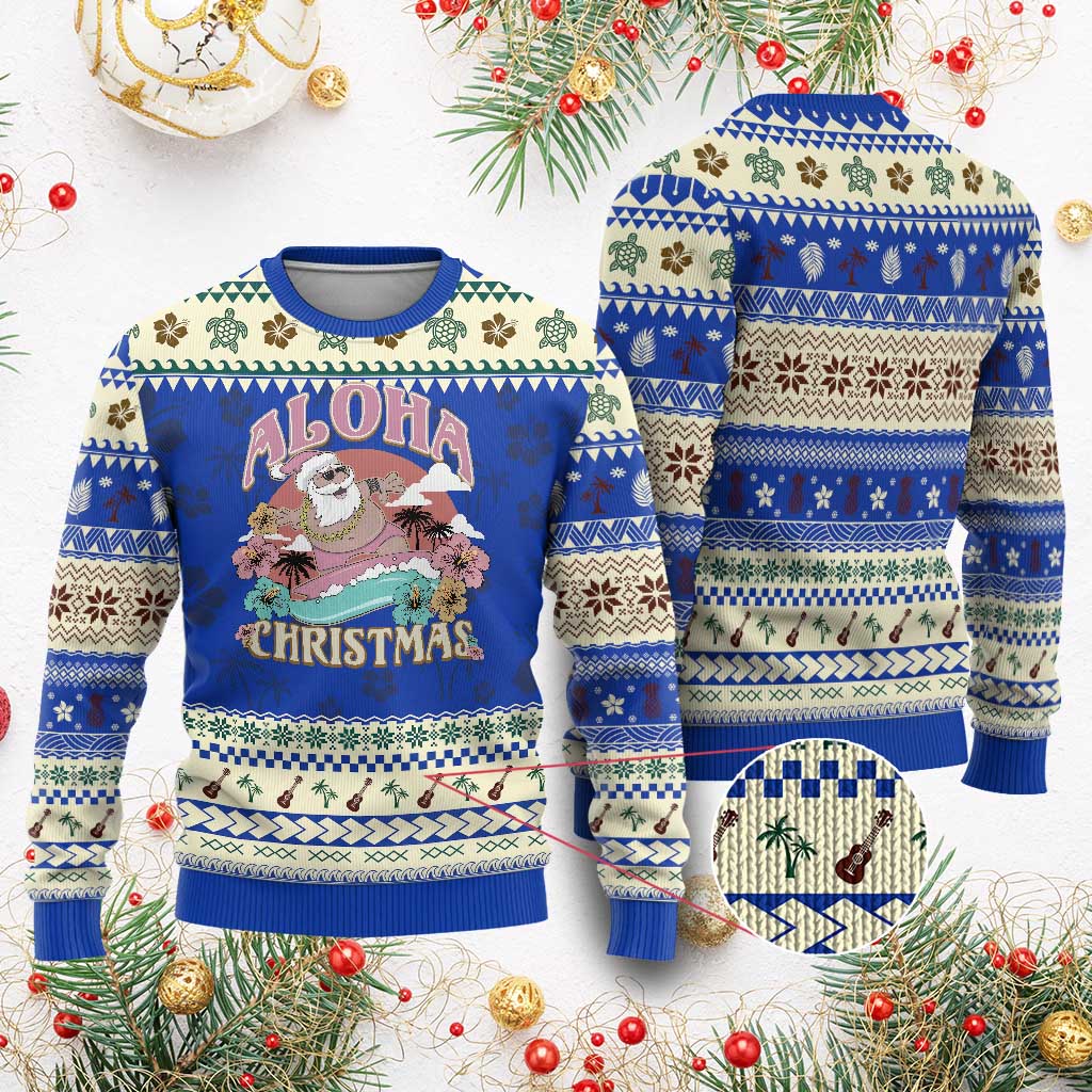 Hawaii Ugly Christmas Sweater Surfing Santa With Tattoos Aloha Christmas TS10 Blue Print Your Wear