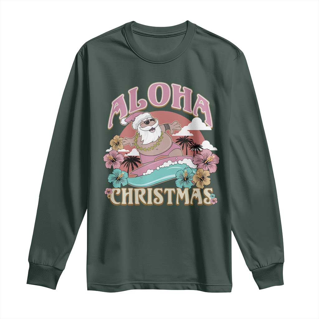 Hawaii Christmas Long Sleeve Shirt Surfing Santa With Tattoos Aloha Christmas TS10 Dark Forest Green Print Your Wear