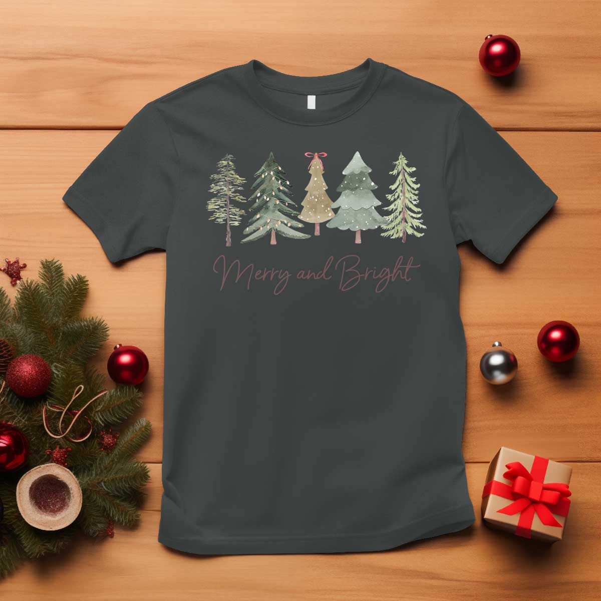 Merry and Bright Trees T Shirt Womans Holiday Coquette Tree Bow TS10 Dark Heather Print Your Wear