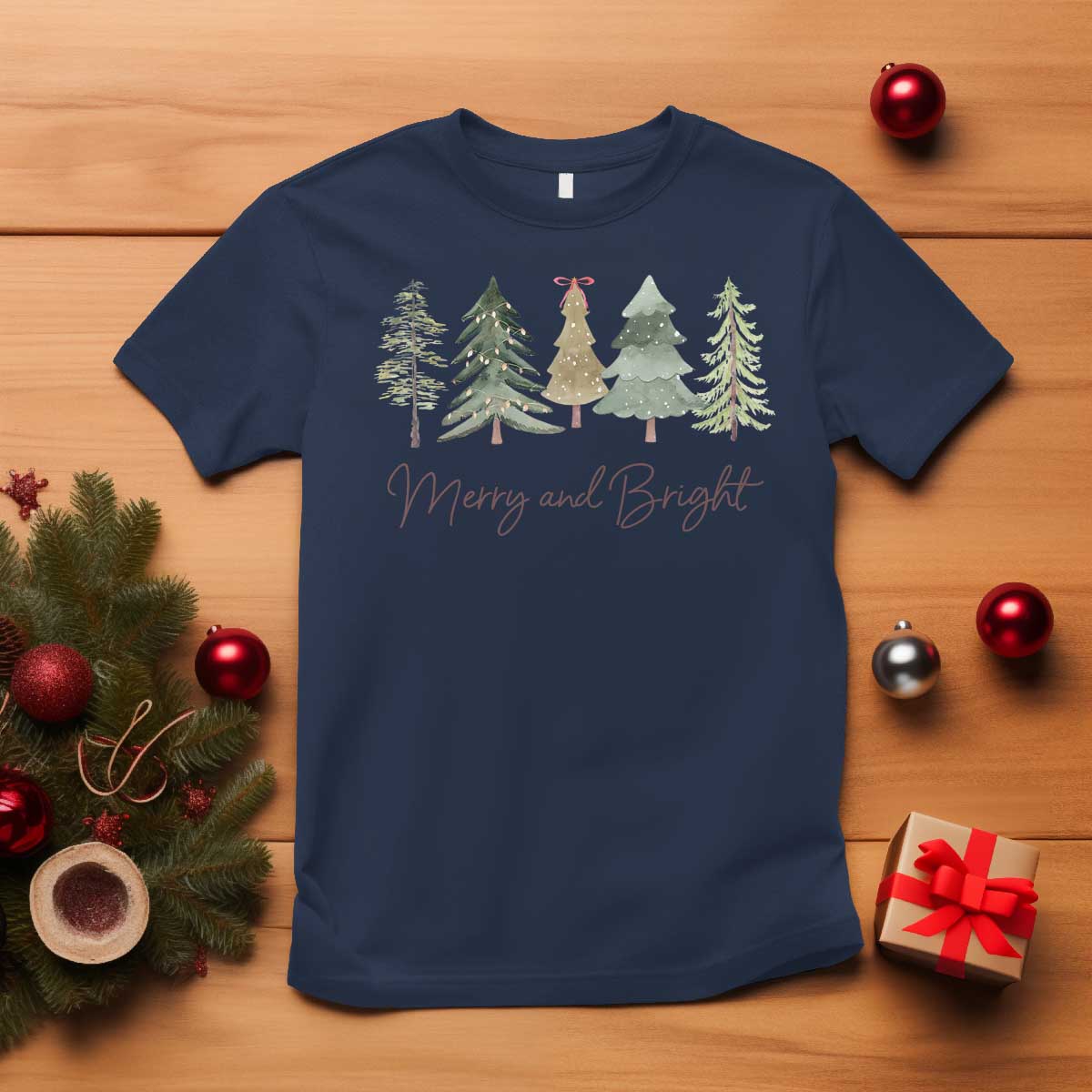 Merry and Bright Trees T Shirt Womans Holiday Coquette Tree Bow TS10 Navy Print Your Wear