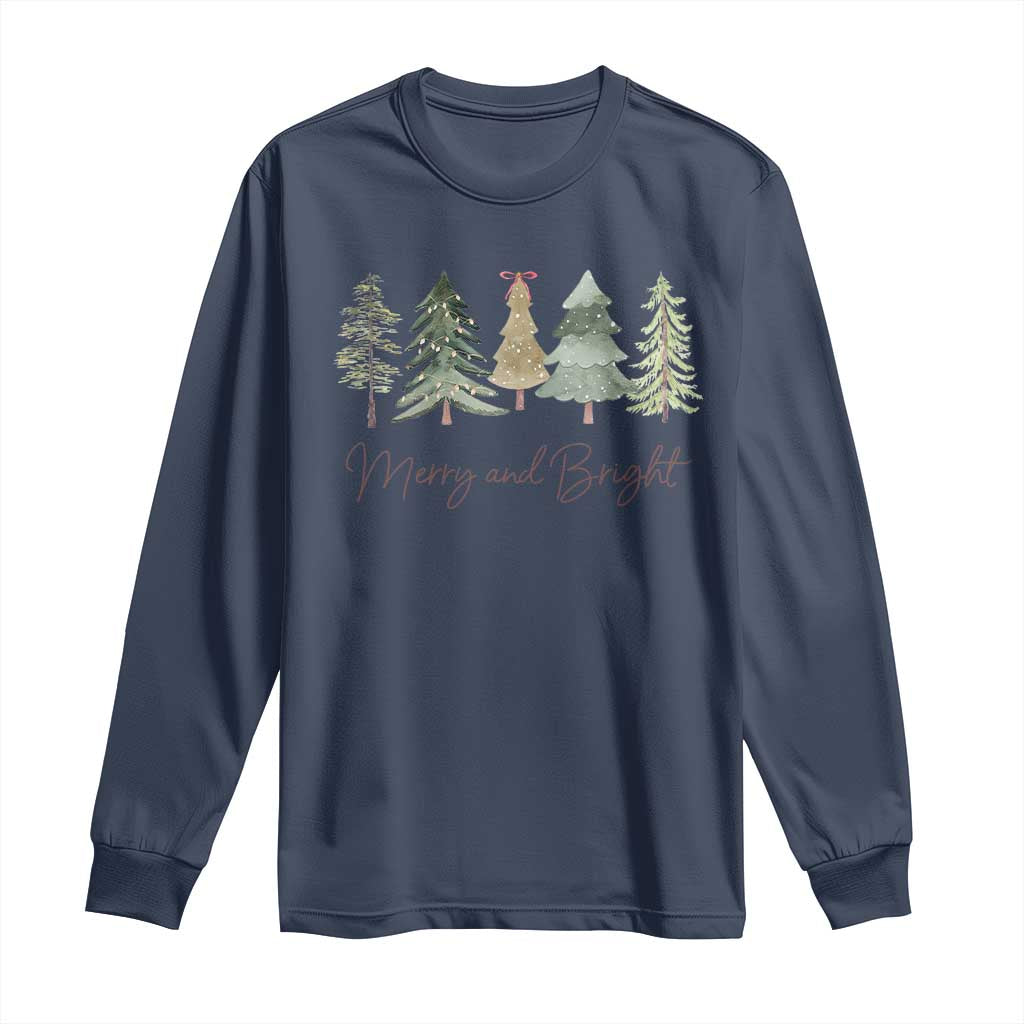 Merry and Bright Trees Long Sleeve Shirt Womans Holiday Coquette Tree Bow TS10 Navy Print Your Wear