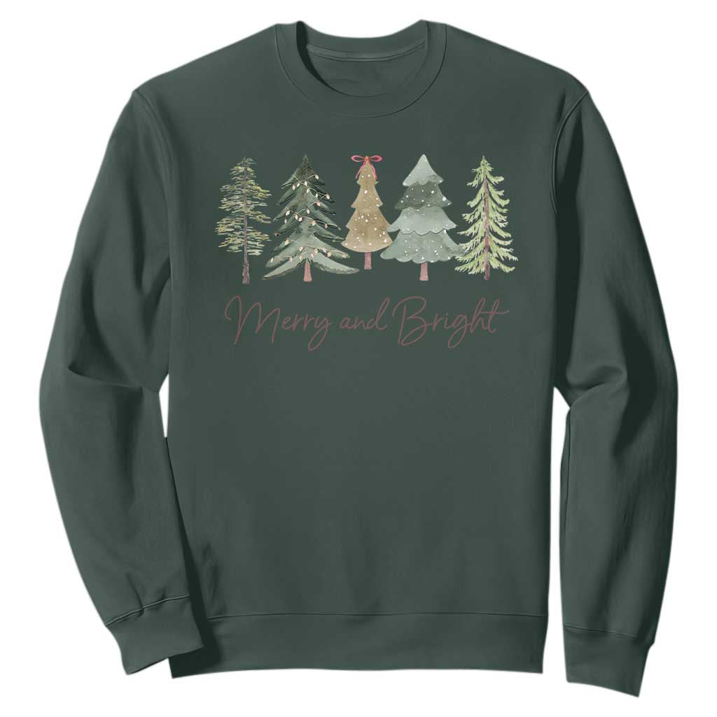 Merry and Bright Trees Sweatshirt Womans Holiday Coquette Tree Bow TS10 Dark Forest Green Print Your Wear