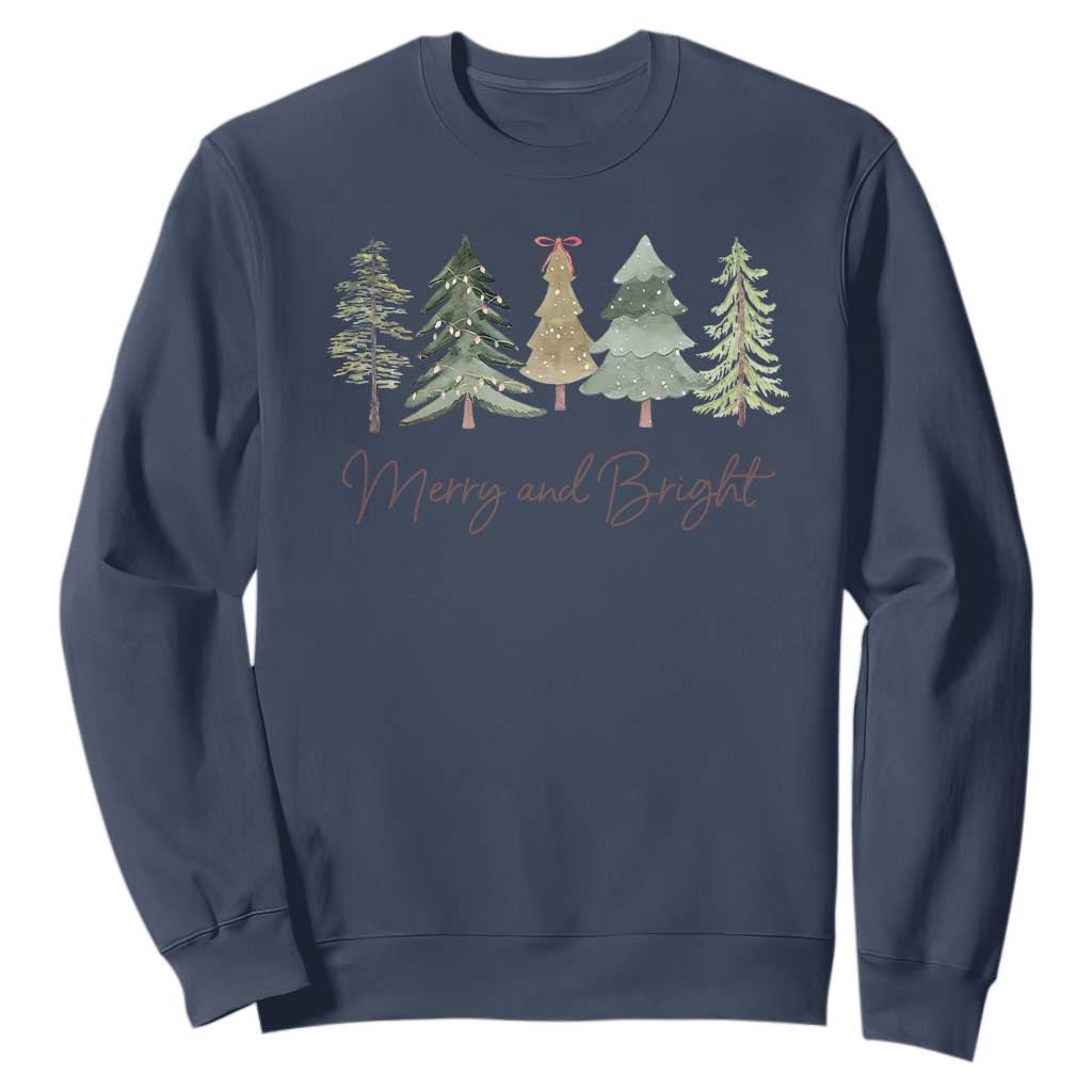 Merry and Bright Trees Sweatshirt Womans Holiday Coquette Tree Bow TS10 Navy Print Your Wear