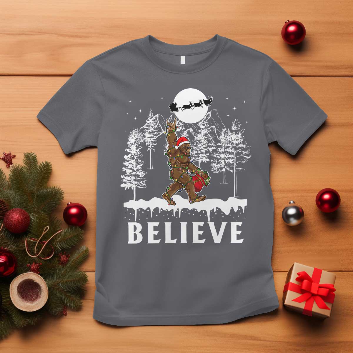 Bigfoot Christmas Tree Lights T Shirt Believe Rock On Sasquatch Santa Hat TS10 Charcoal Print Your Wear