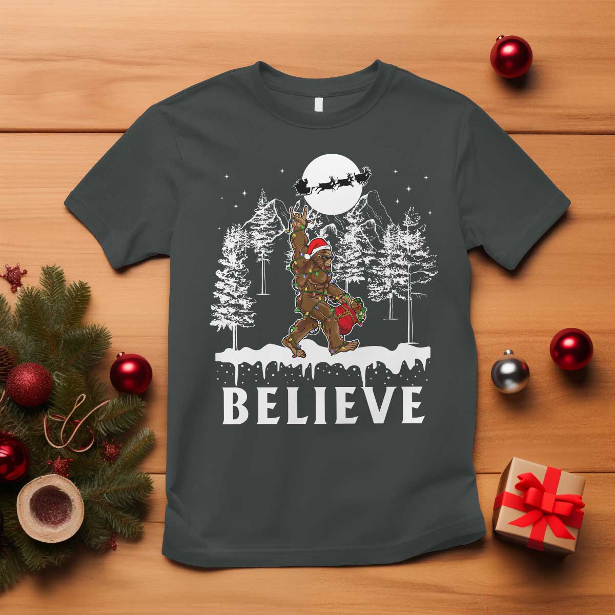 Bigfoot Christmas Tree Lights T Shirt Believe Rock On Sasquatch Santa Hat TS10 Dark Heather Print Your Wear
