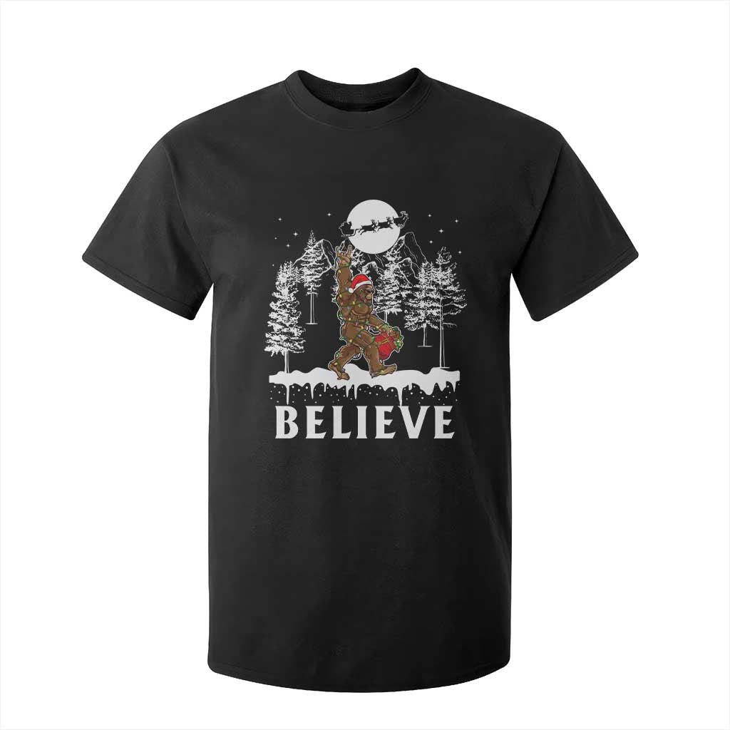 Bigfoot Christmas Tree Lights T Shirt For Kid Believe Rock On Sasquatch Santa Hat TS10 Black Print Your Wear