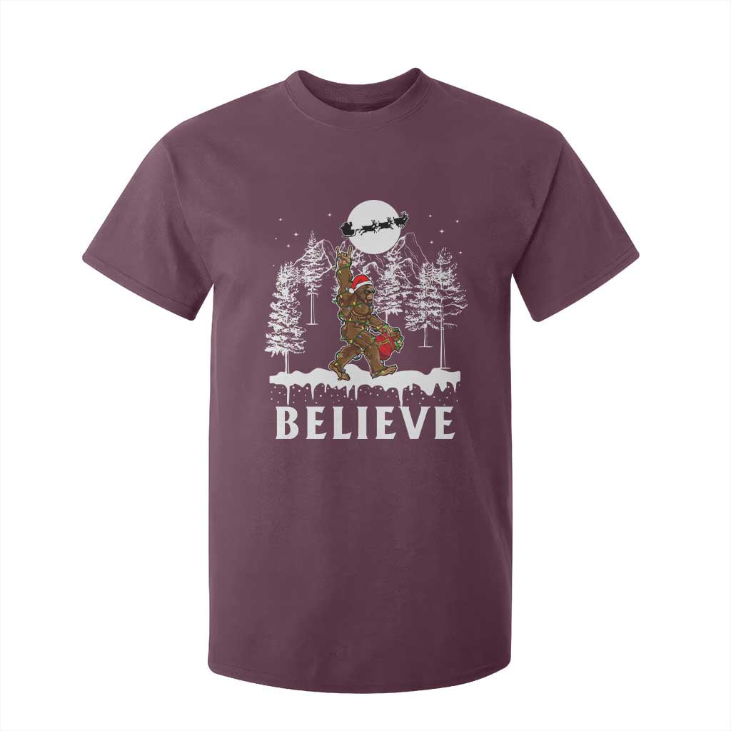 Bigfoot Christmas Tree Lights T Shirt For Kid Believe Rock On Sasquatch Santa Hat TS10 Maroon Print Your Wear