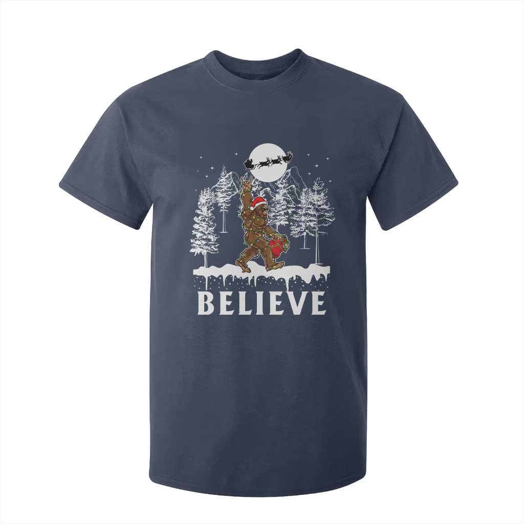 Bigfoot Christmas Tree Lights T Shirt For Kid Believe Rock On Sasquatch Santa Hat TS10 Navy Print Your Wear