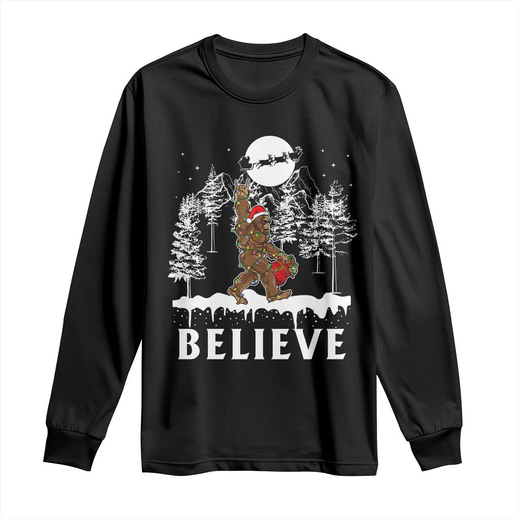 Bigfoot Christmas Tree Lights Long Sleeve Shirt Believe Rock On Sasquatch Santa Hat TS10 Black Print Your Wear