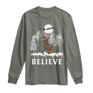 Bigfoot Christmas Tree Lights Long Sleeve Shirt Believe Rock On Sasquatch Santa Hat TS10 Military Green Print Your Wear