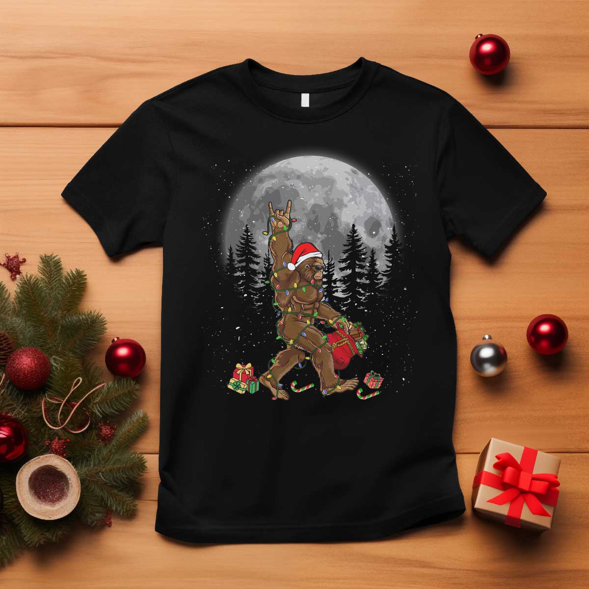 Bigfoot Christmas Tree Lights T Shirt Believe Bigfoot Santa Hat Sasquatch Loves Rock On TS10 Black Print Your Wear