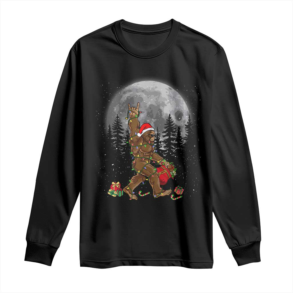 Bigfoot Christmas Tree Lights Long Sleeve Shirt Believe Bigfoot Santa Hat Sasquatch Loves Rock On TS10 Black Print Your Wear