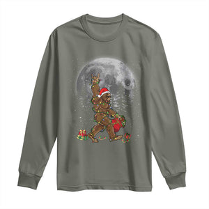 Bigfoot Christmas Tree Lights Long Sleeve Shirt Believe Bigfoot Santa Hat Sasquatch Loves Rock On TS10 Military Green Print Your Wear