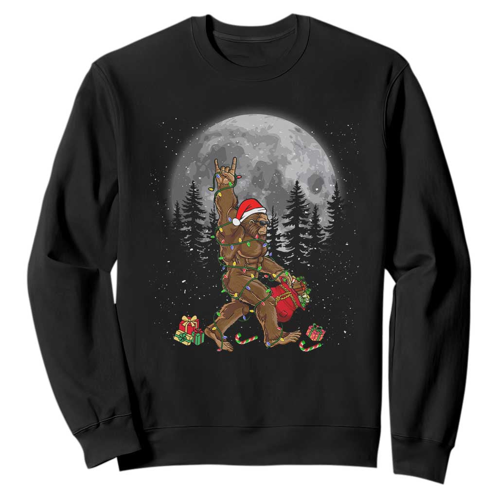 Bigfoot Christmas Tree Lights Sweatshirt Believe Bigfoot Santa Hat Sasquatch Loves Rock On TS10 Black Print Your Wear