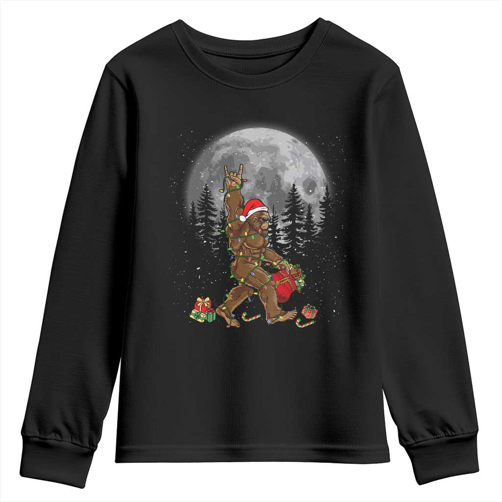 Bigfoot Christmas Tree Lights Youth Sweatshirt Believe Bigfoot Santa Hat Sasquatch Loves Rock On TS10 Black Print Your Wear