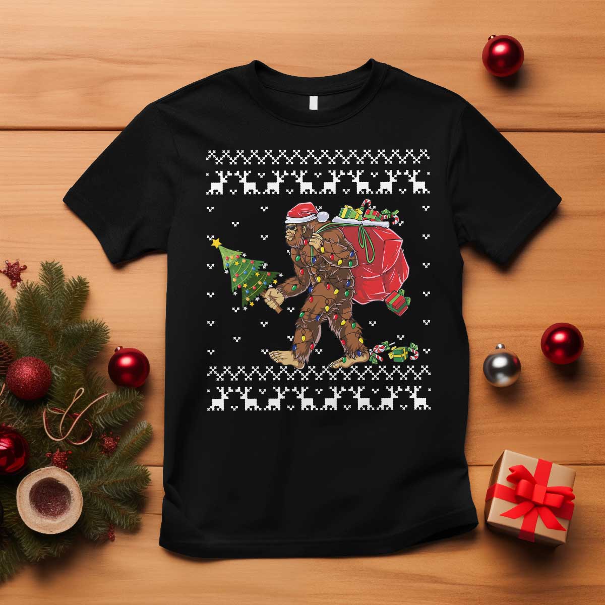 Funny Bigfoot Christmas T Shirt Believe Bigfoot Santa Hat Sasquatch Loves Rock On TS10 Black Print Your Wear