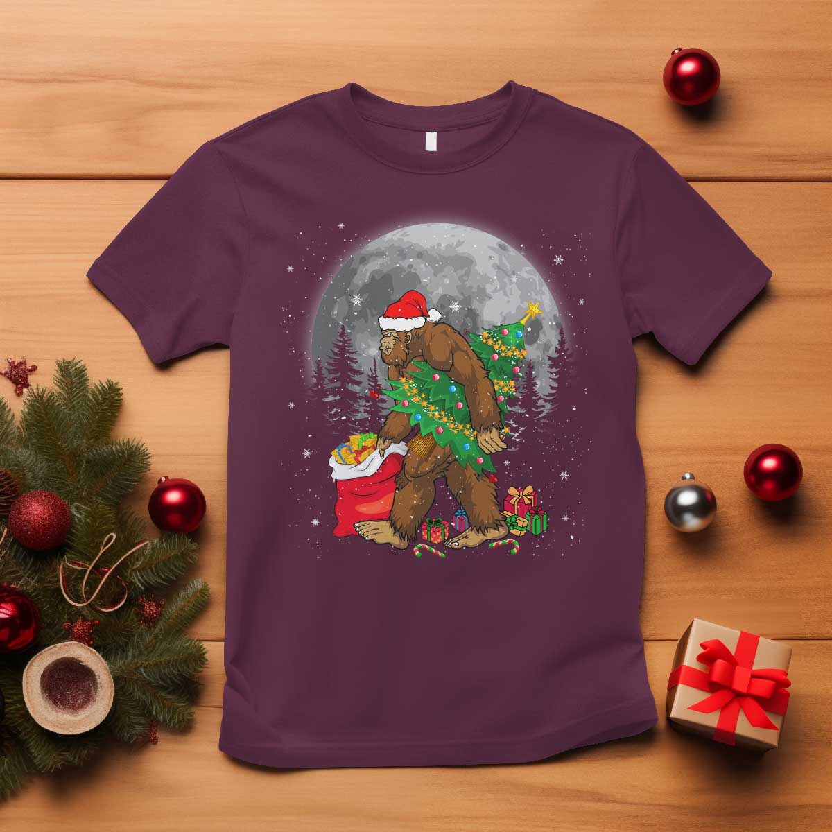 Bigfoot Christmas Tree Lights T Shirt Believe Xmas Sasquatch Lovers Ugly Gift TS10 Maroon Print Your Wear