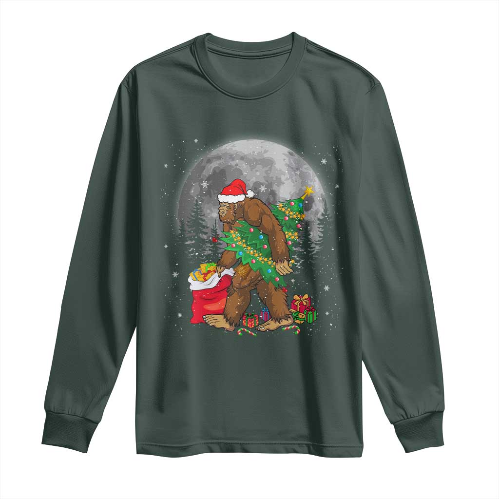 Bigfoot Christmas Tree Lights Long Sleeve Shirt Believe Xmas Sasquatch Lovers Ugly Gift TS10 Dark Forest Green Print Your Wear