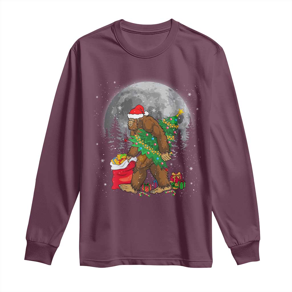 Bigfoot Christmas Tree Lights Long Sleeve Shirt Believe Xmas Sasquatch Lovers Ugly Gift TS10 Maroon Print Your Wear