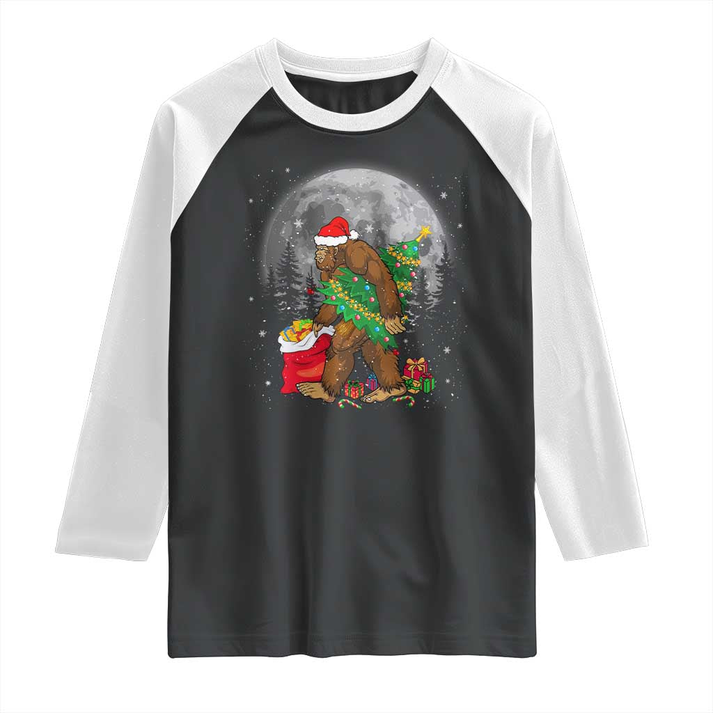 Bigfoot Christmas Tree Lights Raglan Shirt Believe Xmas Sasquatch Lovers Ugly Gift TS10 Black White Print Your Wear