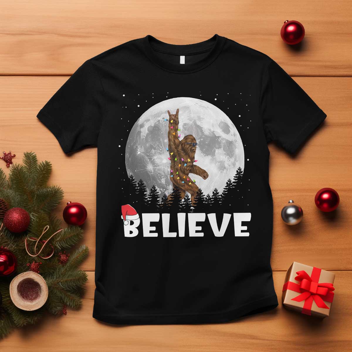 Funny Bigfoot Christmas T Shirt Cool Full Moon & Trees Sasquatch Lovers Xmas Lights TS10 Black Print Your Wear
