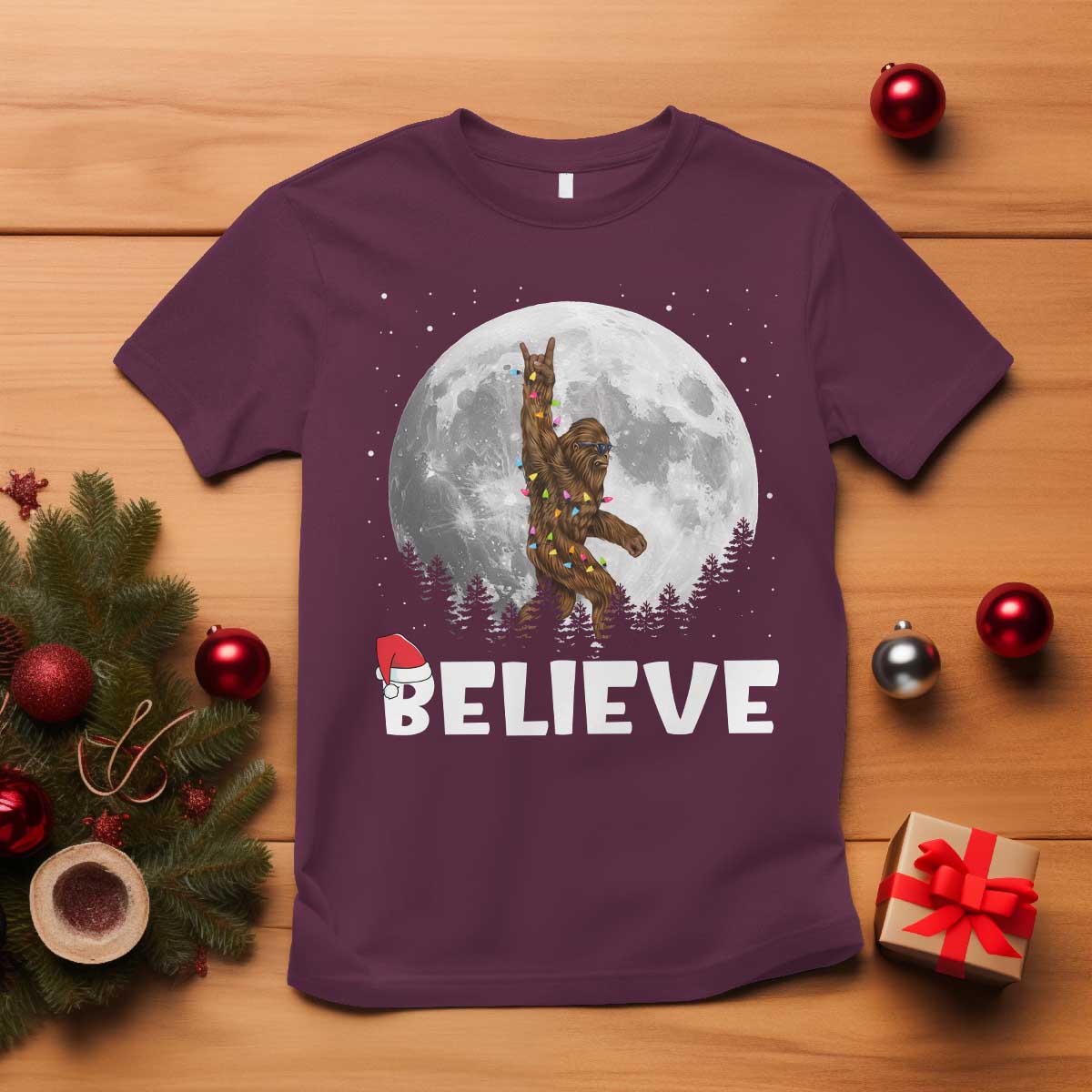 Funny Bigfoot Christmas T Shirt Cool Full Moon & Trees Sasquatch Lovers Xmas Lights TS10 Maroon Print Your Wear