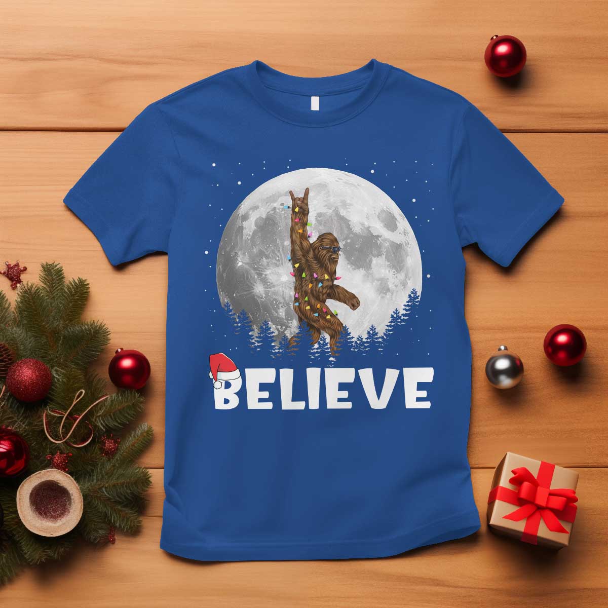 Funny Bigfoot Christmas T Shirt Cool Full Moon & Trees Sasquatch Lovers Xmas Lights TS10 Royal Blue Print Your Wear