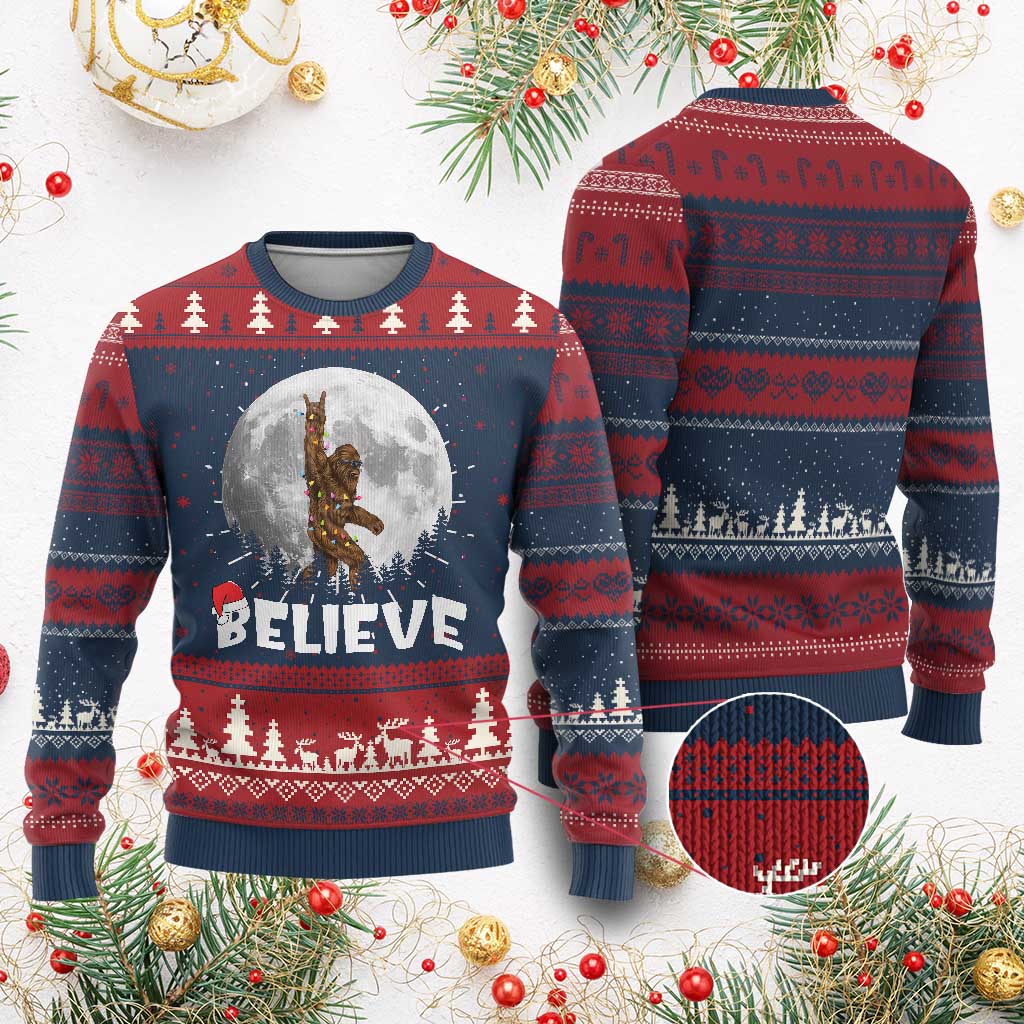 Funny Bigfoot Ugly Christmas Sweater Cool Full Moon & Trees Sasquatch Xmas Lights TS10 Burgundy Print Your Wear