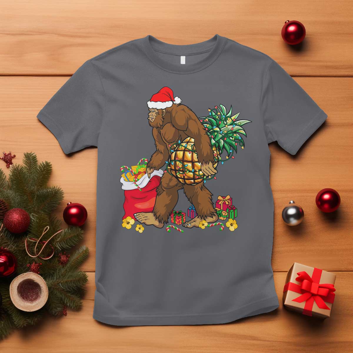 Bigfoot Christmas T Shirt Pineapple Tree Lights Funny Hawaiian Xmas Sasquatch Lovers TS10 Charcoal Print Your Wear