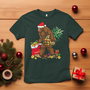Bigfoot Christmas T Shirt Pineapple Tree Lights Funny Hawaiian Xmas Sasquatch Lovers TS10 Dark Forest Green Print Your Wear