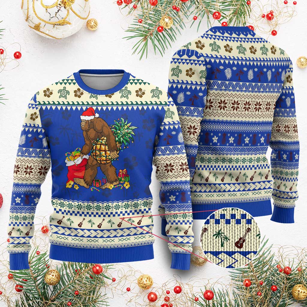 Bigfoot Ugly Christmas Sweater Pineapple Tree Lights Funny Hawaiian Xmas Sasquatch Lovers TS10 Blue Print Your Wear